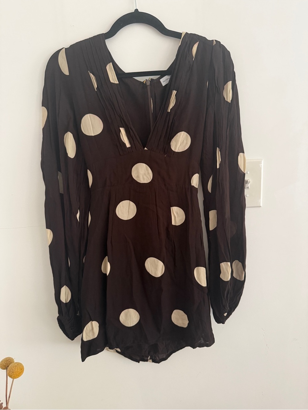 Faithfull the Brand Blythe Mini Dress in Veia Polka Dot Choco, size S.